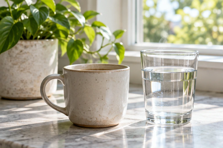 Water and a mug beside a kitchen window